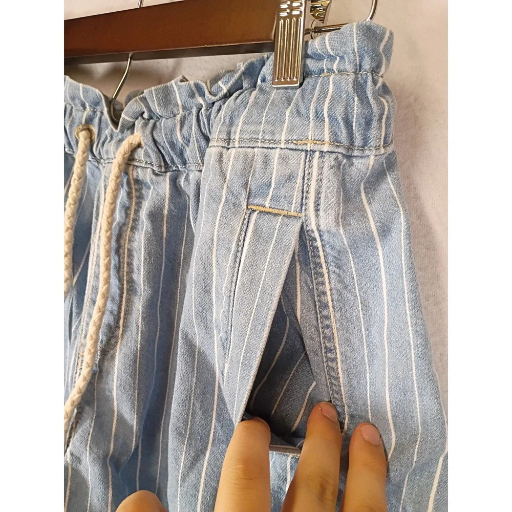 Coastal Nautical LOFT Women S Blue White Pinstripe Paperbag Waist Denim Shorts